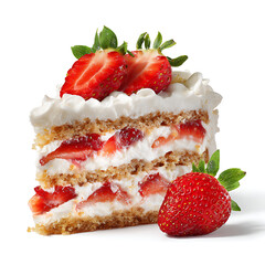 A slice of strawberry shortcake layered with cream and fresh strawberries, isolated on white background.