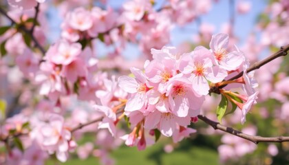 Fototapeta premium Delicate pink cherry blossoms bloom vibrantly on tree branches in soft focus against a blurred green and blue background