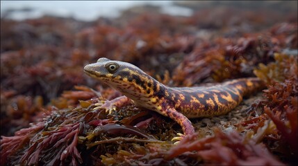 Fototapeta premium A colorful salamander with intricate patterns rests on wet red seaweed in a natural coastal environment