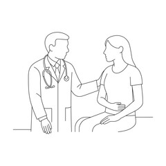 Doctor consulting female patient with abdominal pain, medical line art illustration