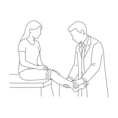 Doctor examining patient&rsquo;s leg and ankle during a medical assessment in outline illustration style