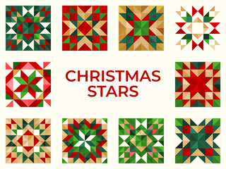 Obraz premium Festive Christmas ornaments, decoration patterns with geometric star motifs in red, green, beige, and white. Perfect for Christmas wrapping, cards, textiles, and seasonal design projects.