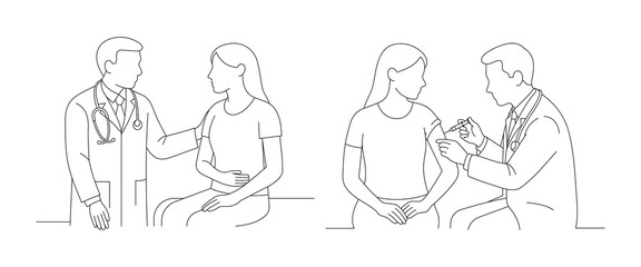 Doctor Consulting Patient and Administering Vaccination &ndash; Line Art Medical Illustration