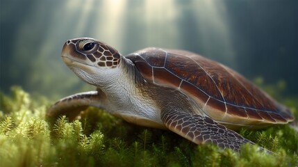 Fototapeta premium Majestic Sea Turtle Swimming Gracefully Underwater Amidst Sunlit Seaweed