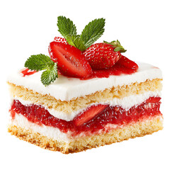 A slice of strawberry shortcake layered with cream and fresh strawberries, isolated on white background.