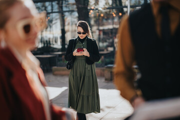 A stylish woman in a green dress and black blazer stands in a city plaza, absorbed in her smartphone while blurred pedestrians pass by, capturing a candid moment of urban life and fashion.