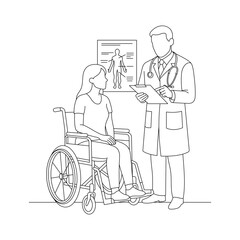 Doctor Consulting with Patient in Wheelchair &ndash; Medical Line Art Illustration