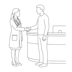 Doctor Greeting Patient at Hospital Reception Desk &ndash; Line Art Illustration
