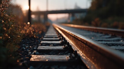 Close up of low ground perspective catches the railway track at sunrise, highlighting the warm golden light and intricate details of wooden ties and gravel. Soft bokeh adds a cinematic touch