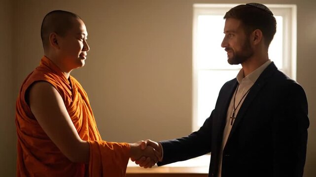 Buddhist monk and religious leader handshake, symbolizing interfaith peace, unity