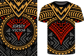 Fototapeta premium Tribal Ethnic T-Shirt Design with Geometric Pattern, Jersey vector, Jersey template, Minimal t shirt dress, trendy Jersey pattern, Intricate Polynesian Tribal Art Motifs for Apparel and Textile Design