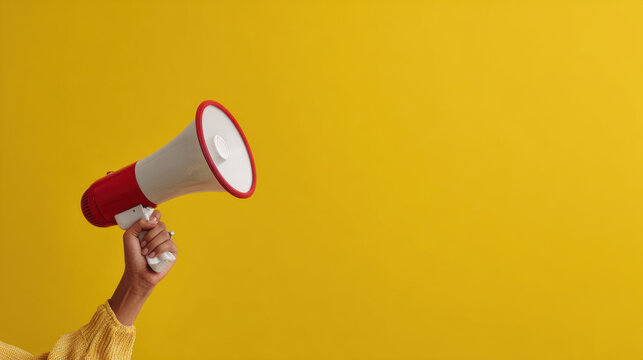 Woman hand holding megaphone against yellow clean background with copy space. Hand with speaker loud. Creative advertising concept for attracting attention, promotions, and marketing announcements