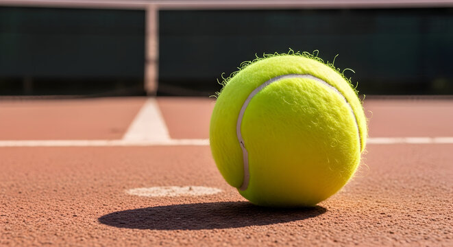 Tennis ball close up on court showcasing sports equipment and recreation activities on a summer day promoting active lifestyle and healthy competition on red surface court