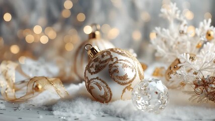 Ultra HD Closeup of elegant white and gold christmas ornament resting on soft snow with bokeh lights in the background video - Powered by Adobe
