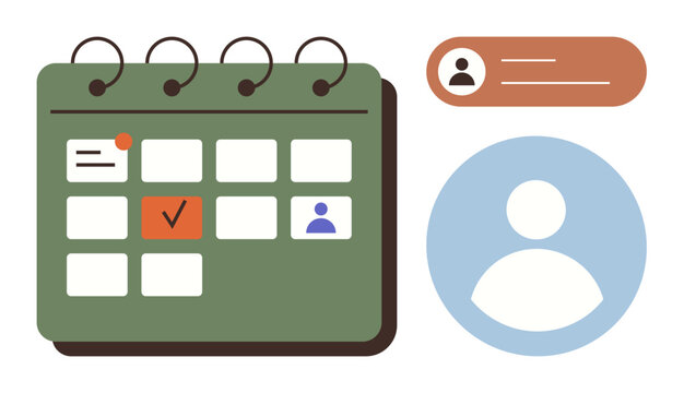 Green calendar with highlighted day, checkmark for approval, and user icons. Includes user profile components. Ideal for scheduling, productivity, planning, organization, workflow teamwork simple