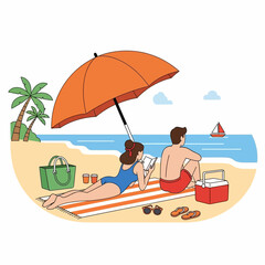 Obraz premium Serene beach scene featuring a couple enjoying a peaceful vacation under an umbrella