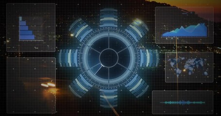 On data pulse HUD rotating sector sweeping, fill shifting, panels updating charts for monitoring - Powered by Adobe