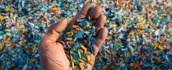The Hand Holding Colorful Recycled Plastic Flakes Above a Multicolored Shredded Pile