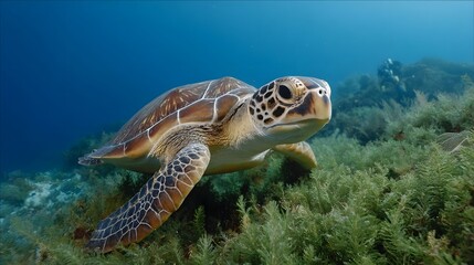 Fototapeta premium A green sea turtle swims gracefully over a vibrant seaweed bed in clear blue ocean water with a diver in the background