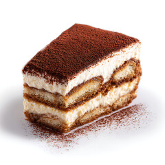 A slice of tiramisu cake with cocoa powder topping, isolated on white background.