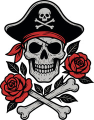 Skull Pirate Hat Roses Red Black Vintage design