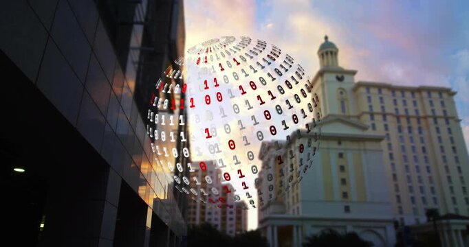 Binary orb appearing above skyline approaching frame rotating and showing red digits for data