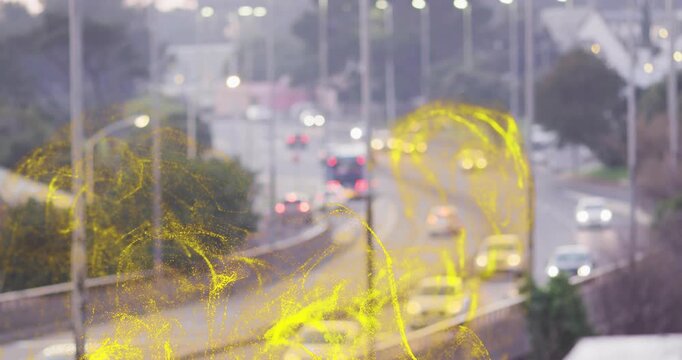 Curved roadway cars,bus moving, frame3 spawning yellow swirls rising, obscuring lanes, showing flow