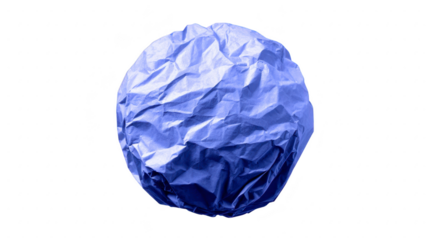 Crumpled blue paper ball isolated on transparency background, symbolizing creativity, recycling, frustration, and brainstorming ideas in office or school environments