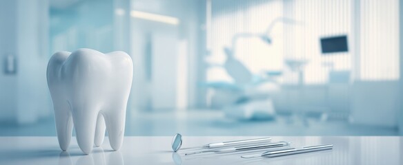 The Tooth Model and Dental Instruments on Reflective Surface in Clinic