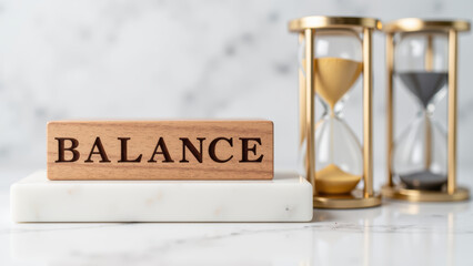 Balance is represented through wooden block and elegant hourglasses, symbolizing harmony and time management