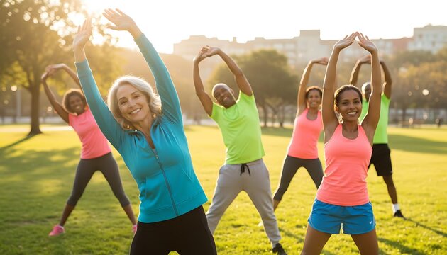 Diverse group of smiling adults enjoying an invigorating outdoor fitness class in a sunny park, actively stretching and exercising for health and an active lifestyle - Powered by Adobe