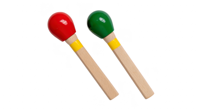 Wooden maracas with red and green painted tops, yellow bands, and natural wood handles, used as musical percussion instruments for children or adults, isolated on transparency background