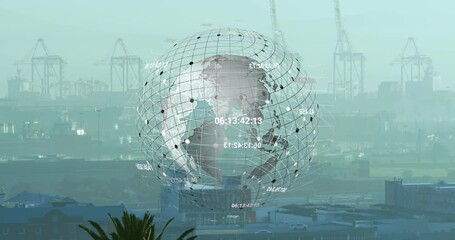 Overlay appearing, faint globe rotating over port, grid shifting, codes pulsing to show trade data