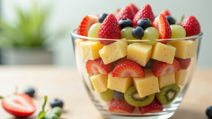 Fresh fruit salad with strawberries, blueberries, green grapes, kiwi, and cheese cubes, creating colorful and healthy dish