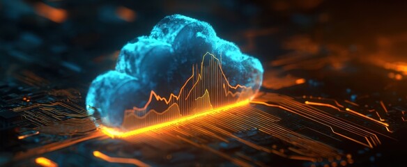 The Cloud Illuminated Over Futuristic Circuit Board With Dynamic Data Waveform