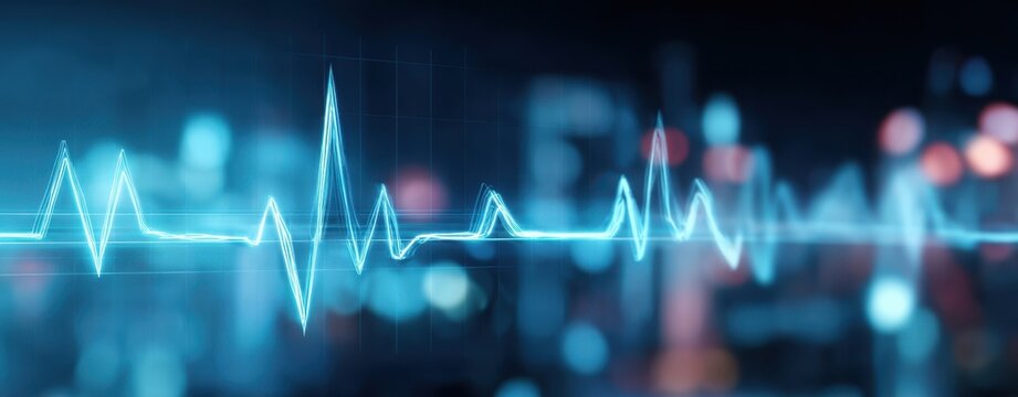 The Electrocardiogram Waveform Overlaid on Futuristic Digital Cityscape Showing Vital Signs