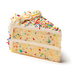 A slice of vanilla birthday cake with rainbow sprinkles, isolated on white background.