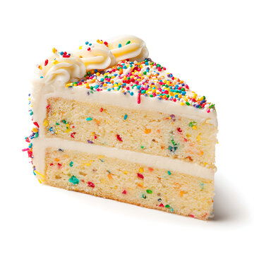 A slice of vanilla birthday cake with rainbow sprinkles, isolated on white background.