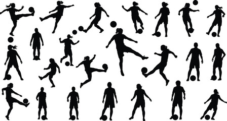 Large Black Silhouette Vector Set of Female Soccer Players Kicking, Dribbling, and Juggling the Ball, Ideal for Sport Promotions, Team Graphics, and Athletic Competition Design