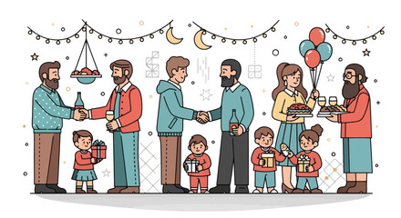 A cheerful gathering of families and friends exchanging gifts and warmth during a celebration