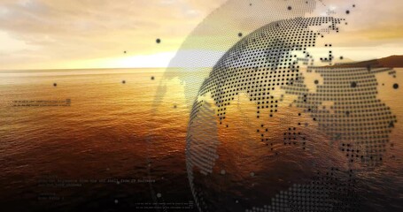 Dotted globe emerging, rotating as dots enter from right, assembling map to show data over sunset - Powered by Adobe