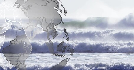 Translucent globe fading in, rotating clockwise over surf, shifting opacity, showing global reach - Powered by Adobe