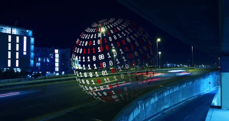 Faint binary orb rising above highway digits forming rings rotating and mirroring road showing flow - Powered by Adobe