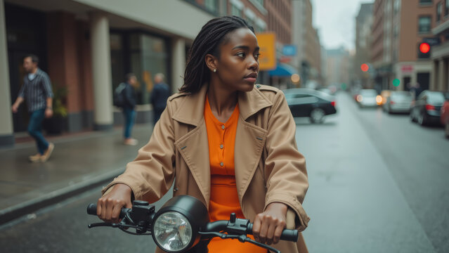 Woman in stylish coat rides bicycle through city street, showcasing urban life and fashion. scene captures moment of contemplation and movement - Powered by Adobe