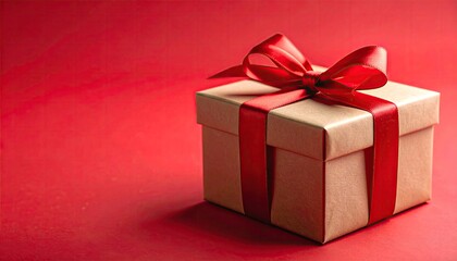 Obraz premium Simple Brown Gift Box with Red Ribbon on Red Background.
