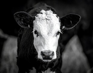 B&W close-up of a young calf with a white face looking directly at the viewer. Intimate portrait captures details