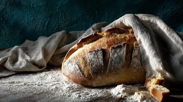 Ultra HD Rustic artisan sourdough bread loaf resting on a wooden surface dusted with flour, partially covered by a linen cloth video