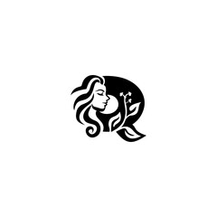 An elegant woman head letter logo featuring flowing hair and leaf elements shaped into an alphabet form, blending beauty and nature in a clean, modern style for branding.