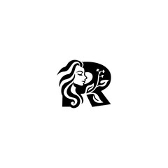 An elegant woman head letter logo featuring flowing hair and leaf elements shaped into an alphabet form, blending beauty and nature in a clean, modern style for branding.