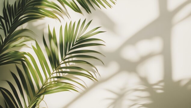 Shadows of Green Palm Leaves Dancing on a Light Wall Creating a Serene Atmosphere Indoors - Powered by Adobe